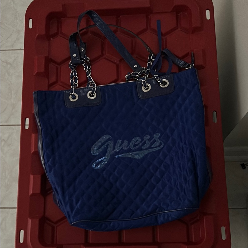 Guess Blue Quilted Chain Strap Tote
